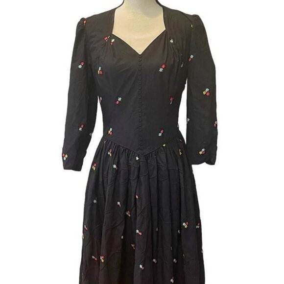 Batsheva Black Embroidered Floral Long Prairie Maxi Dress